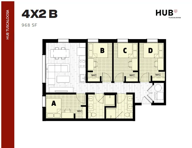 Elegant 4X2 floor plan at Hub Tuscaloosa, featuring 968 sq ft with four bedrooms, modern open-concept living area, and convenient walk-in closets.