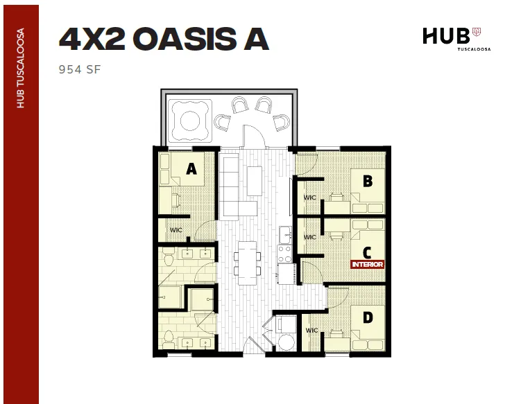Modern 4-bedroom floor plan for Oasis A at Hub Tuscaloosa, featuring spacious living area and 2 bathrooms, 954 sq ft.