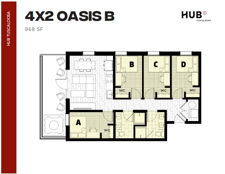 Modern 4-bedroom floor plan named Oasis B featuring 968 sq ft, open-concept living and dining area, plus efficient kitchen layout at Hub Tuscaloosa.