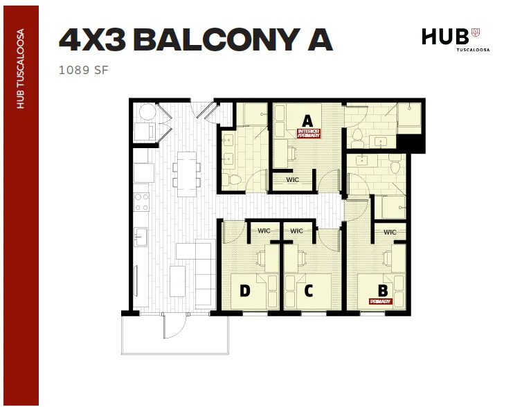 Spacious 4-bedroom apartment floor plan at Hub Tuscaloosa, featuring open-concept living and dining area, modern kitchen, and private balcony, 1089 sq ft.