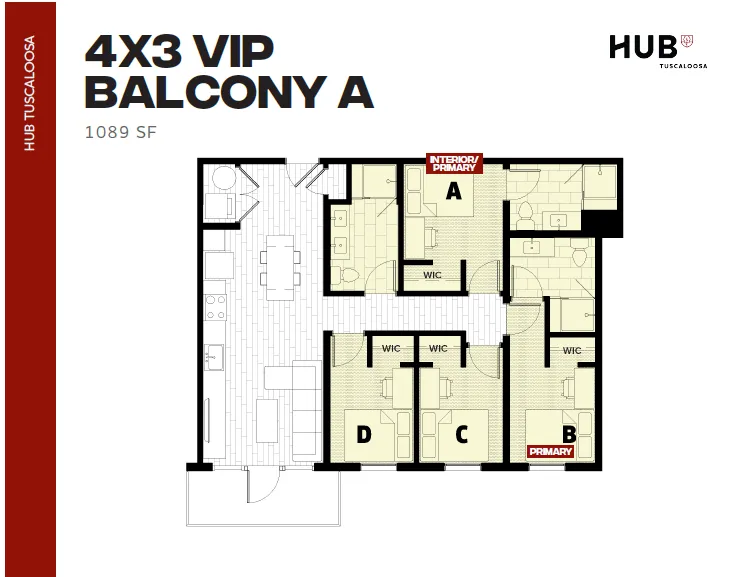 Spacious 4-bedroom VIP floor plan, 1089 SF, featuring private balcony, modern living area, and multiple walk-in closets at Hub Tuscaloosa.