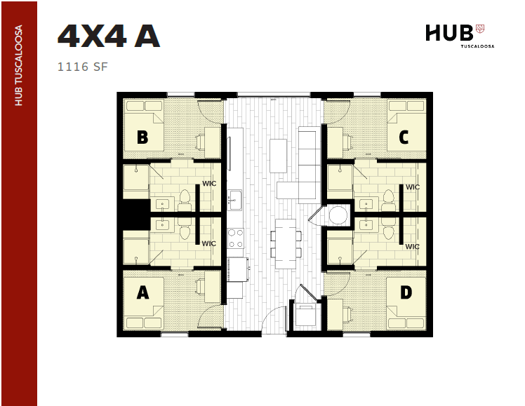 Modern 4x4A apartment floor plan with 4 bedrooms, each with a private bathroom and walk-in closet. Features an open-concept living area and kitchen, covering 1116 sq ft at HUB Tuscaloosa.