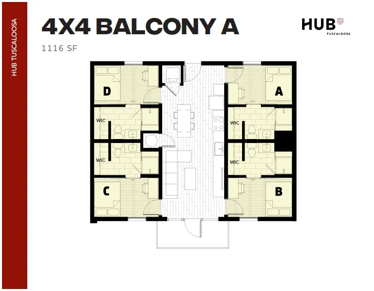 Contemporary 4x4 Balcony A floor plan at 1116 SF featuring four bedrooms with private baths and walk-in closets, a central open living area, and a stylish kitchen. Perfect blend of comfort and style at HUB Tuscaloosa.