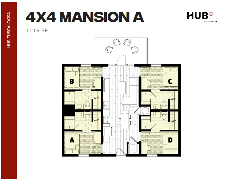 Inviting 4-bedroom mansion floor plan with private bathrooms, spacious living area, and communal kitchen, covering 1116 square feet.