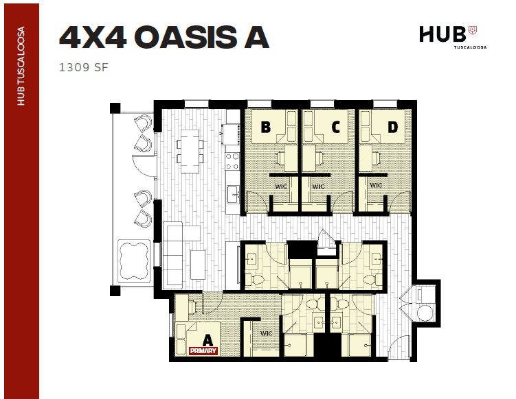 Modern 4-bedroom floor plan at Hub Tuscaloosa, featuring spacious living and dining area, 1309 sq ft.