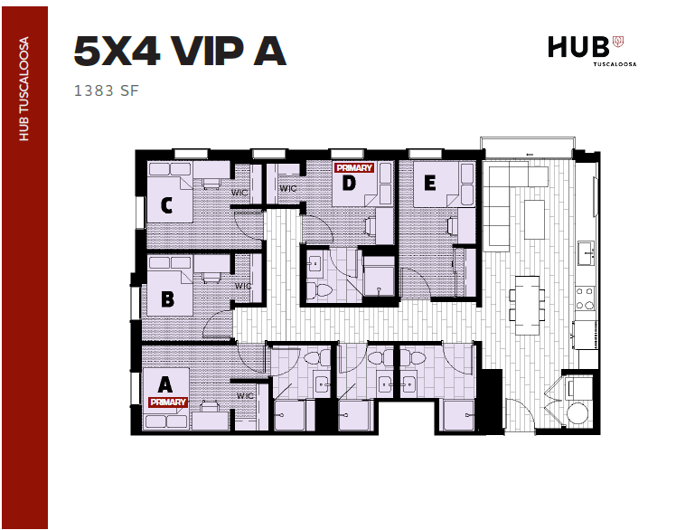 Modern 5-bedroom floor plan, featuring spacious living areas and stylish kitchen, totaling 1383 square feet at Hub Tuscaloosa.
