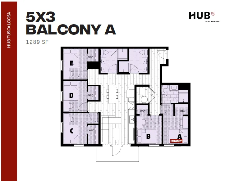 Spacious 5-bedroom floor plan with balcony, featuring modern kitchen, open-concept living area, and multiple walk-in closets, 1289 sq ft at Hub Tuscaloosa.