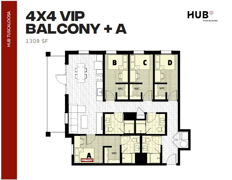 Modern 4x4 VIP floor plan featuring four bedrooms, spacious living area, and a large balcony, 1309 sq ft at Hub Tuscaloosa.