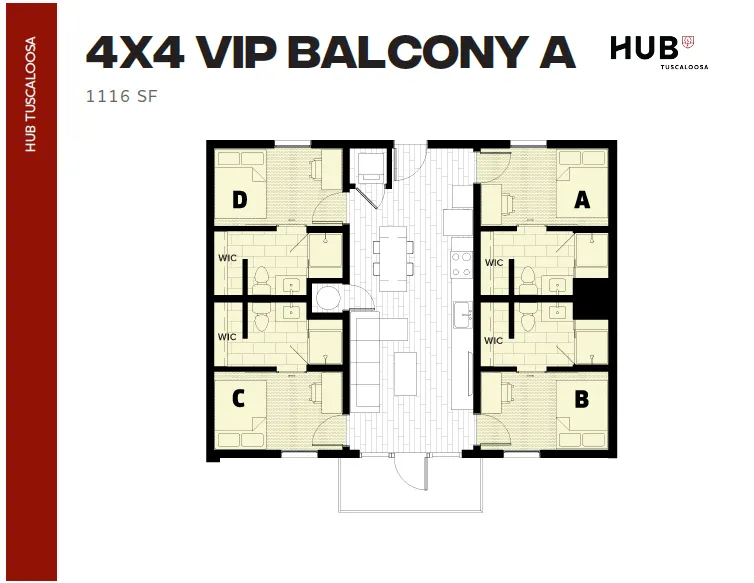 Modern 4-bedroom floor plan of 1116 SF with private bathrooms, spacious kitchen, and inviting living area at Hub Tuscaloosa.