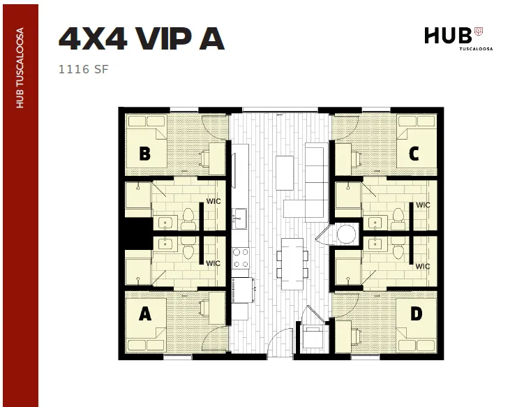 Modern 4x4 VIP A floor plan with 4 spacious bedrooms, each with a private bathroom and walk-in closet, centralized open living area, and kitchen. Total area 1116 SF at HUB Tuscaloosa.