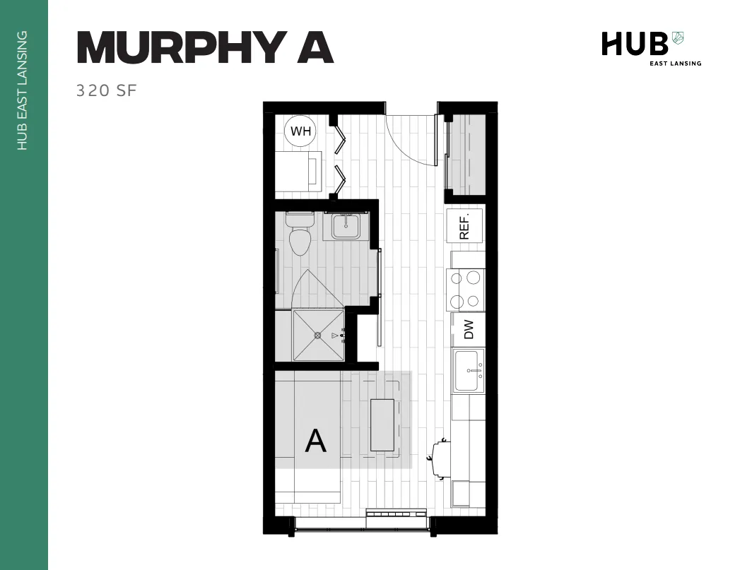Sleek and efficient Murphy A floor plan with modern amenities, ideal for compact living in East Lansing, 320 sq ft.