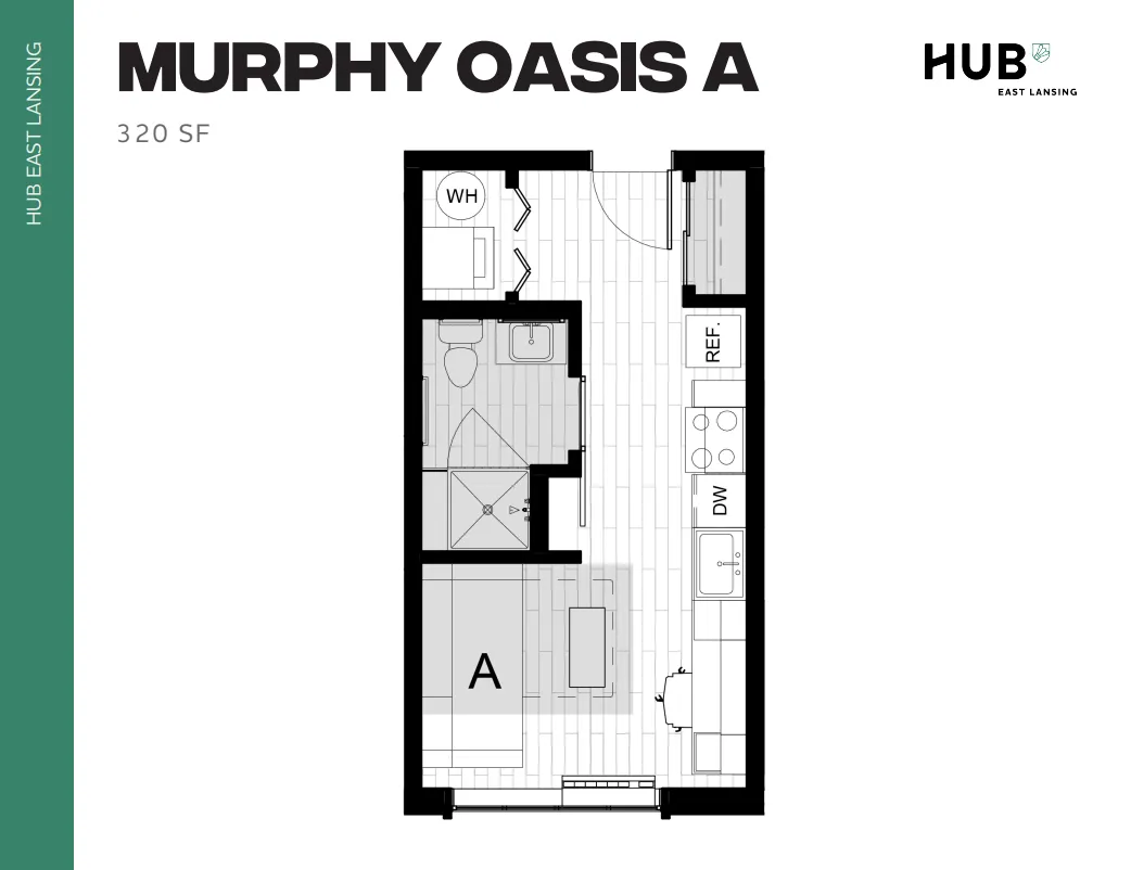 Modern floor plan for Murphy Oasis A with open-concept design, showcasing compact kitchen, cozy living space, and efficient bathroom layout in 320 SF.