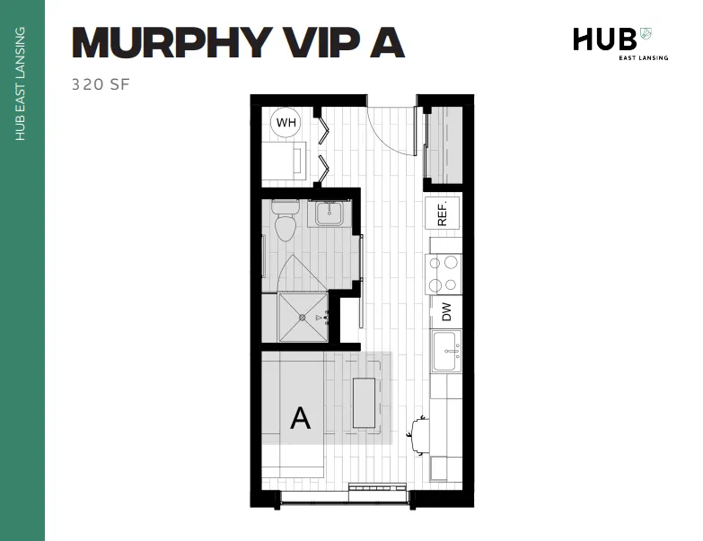 Compact and modern floor plan of Murphy VIP A at HUB East Lansing, featuring an efficient layout with a combined living and kitchen area, cozy sleeping space, and a well-designed bathroom. Total area is 320 SF.