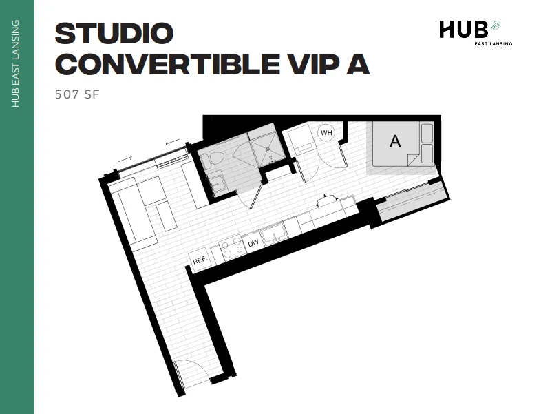 Modern Studio Convertible VIP A floor plan showcasing a spacious open layout with a cozy bedroom area, efficient kitchen, and stylish living space, 507 sq ft in Hub East Lansing.