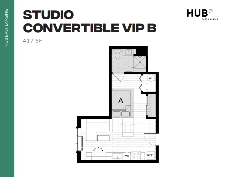 Modern studio convertible VIP B floor plan with open-concept living area, compact kitchen, and stylish bathroom, 417 sq ft at Hub East Lansing.