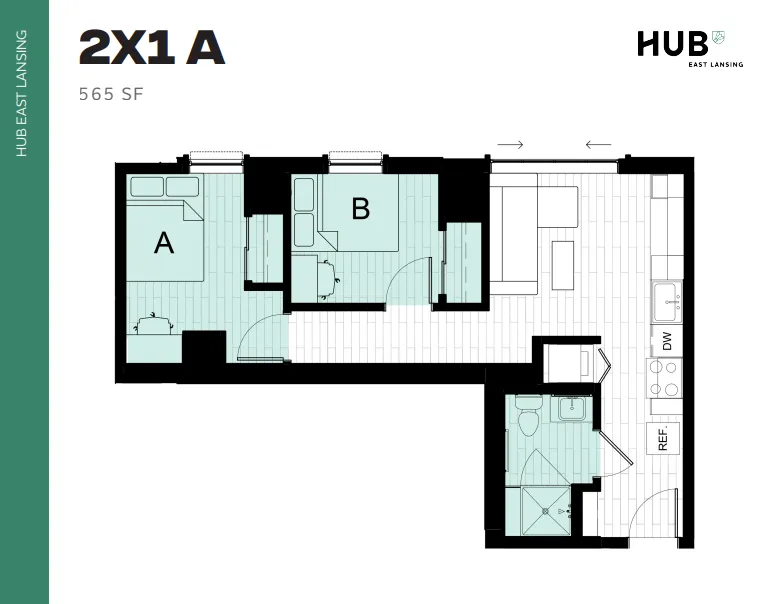 Efficient 2X1 A floor plan at HUB East Lansing, featuring 2 cozy bedrooms, modern kitchen, and spacious living area, 565 sq ft.