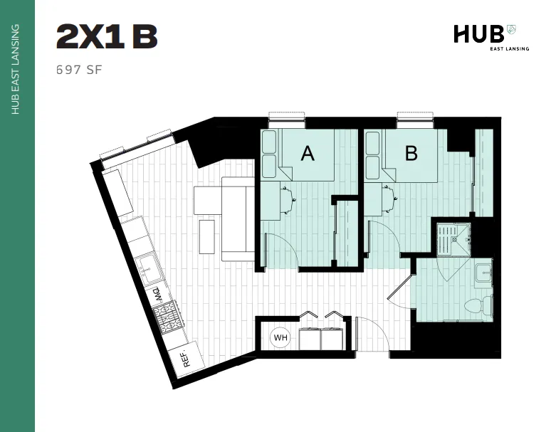 Modern 2-bedroom floor plan at Hub East Lansing, 697 sq ft, with an open living area and compact kitchen.