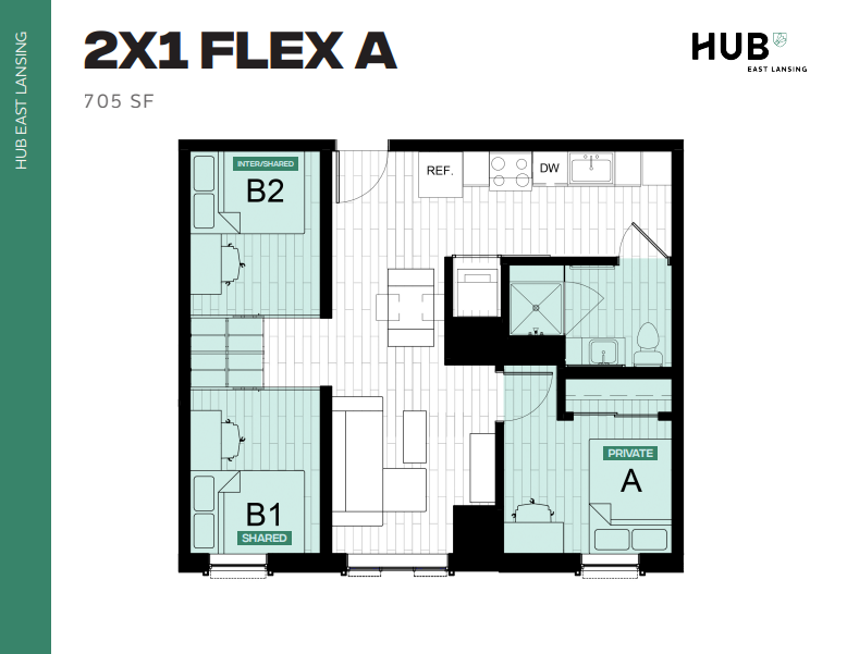 Modern 2x1 Flex A floor plan at HUB East Lansing featuring 705 sq ft with a functional kitchen, cozy living area, and three bedrooms designed for shared and private living.