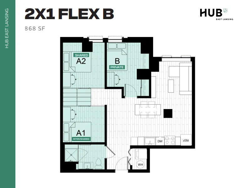 Modern 2X1 Flex B floor plan at Hub East Lansing featuring 2 bedrooms, open-concept living and dining area, and a comprehensive kitchen layout in an 868 sq ft space.