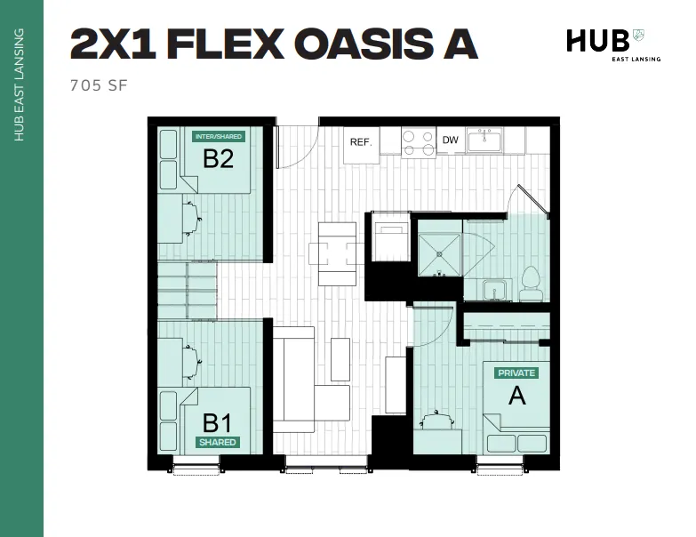 Modern 2X1 Flex Oasis A floor plan featuring 705 sq ft with versatile living space, two bedrooms, a stylish kitchen, and shared living areas at HUB East Lansing.