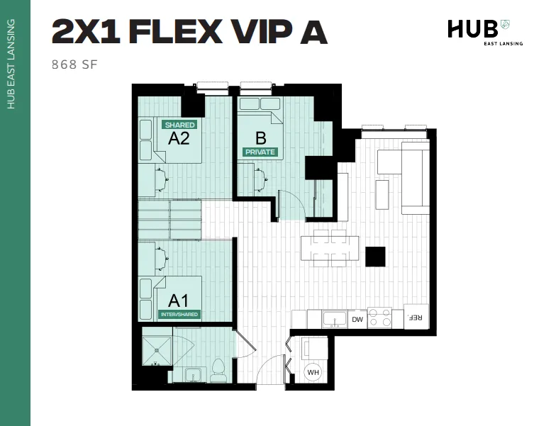 Modern 2X1 FLEX VIP A floor plan at HUB East Lansing showcasing 868 SF with private and shared bedrooms, an open living area, and a sleek kitchen.