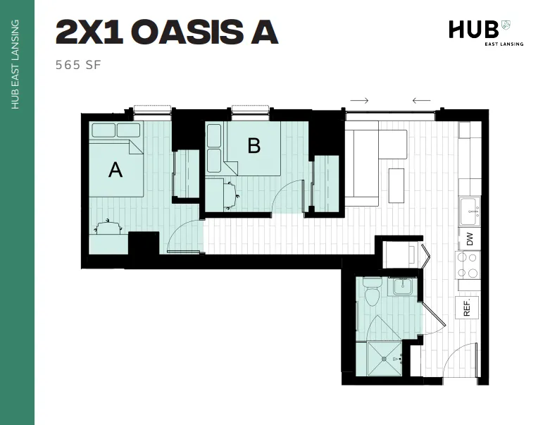 Smartly designed floor plan for Hub East Lansing, featuring 2 bedrooms labeled A and B, a cozy living area, and a modern kitchen in a compact 565 square feet space.