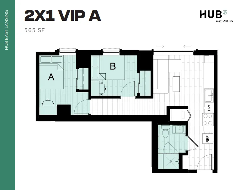 Modern 2X1 VIP A floor plan with 565 sq ft, featuring two cozy bedrooms, an open living area, and a fully equipped kitchen in Hub East Lansing.