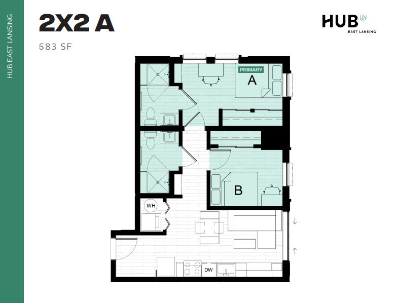 Modern 2-bedroom, 2-bathroom floor plan at HUB East Lansing, showcasing a compact 683 sq ft layout with an open living area and integrated kitchen space.