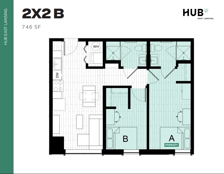 Modern 2x2B floor plan at Hub East Lansing, featuring two spacious bedrooms, open-concept living area, and 746 sq ft of comfortable living space.