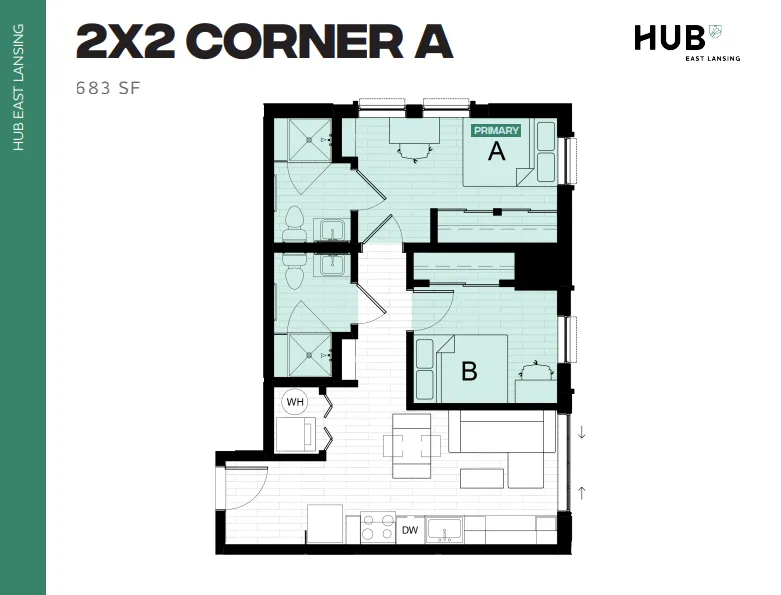 Modern 2x2 Corner A apartment floor plan with 683 SF, featuring two spacious bedrooms, two bathrooms, a stylish kitchen, and an inviting living area at Hub East Lansing.