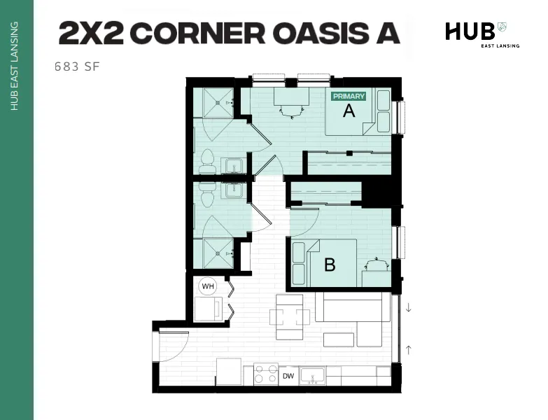Modern 2x2 Corner Oasis A floor plan featuring 683 sq ft with 2 bedrooms, 2 bathrooms, and an open living space in East Lansing.