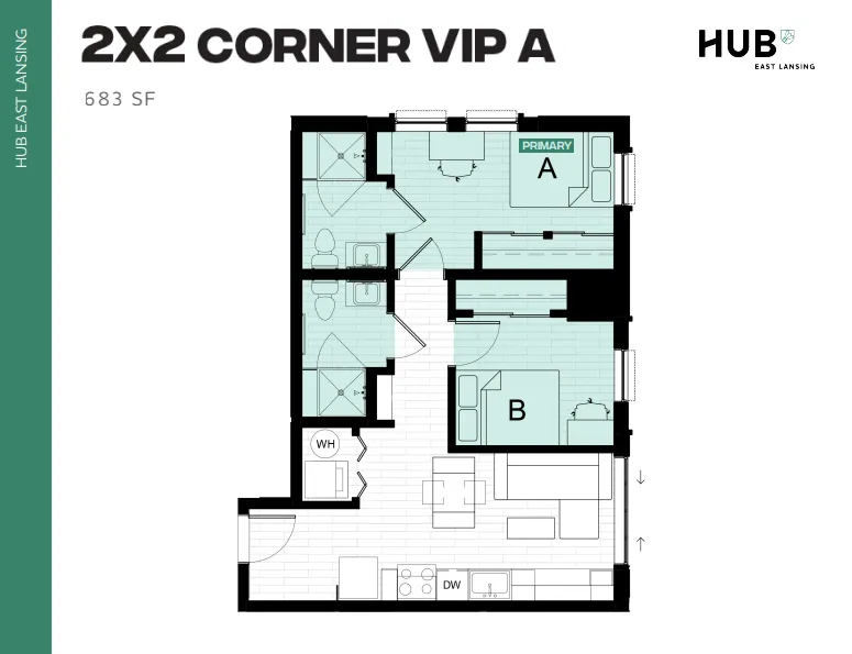 Modern 2x2 Corner VIP A floor plan at HUB East Lansing, featuring 2 bedrooms, 2 bathrooms, and an open-concept living and kitchen area, 683 square feet.