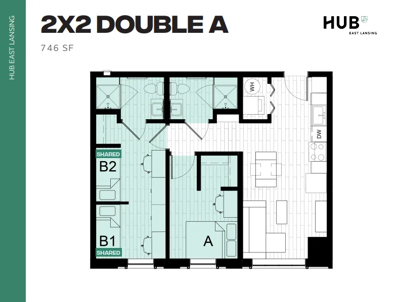 Modern 2x2 Double A floor plan at HUB East Lansing with 746 sq ft, featuring two shared bedrooms, a spacious living area, and a fully equipped kitchen.
