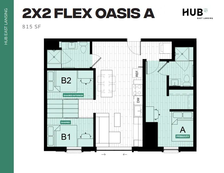Modern 2x2 Flex Oasis A floor plan at Hub East Lansing, featuring two bedrooms, a sleek open-concept living area, and a stylish kitchen, over 815 sq ft.