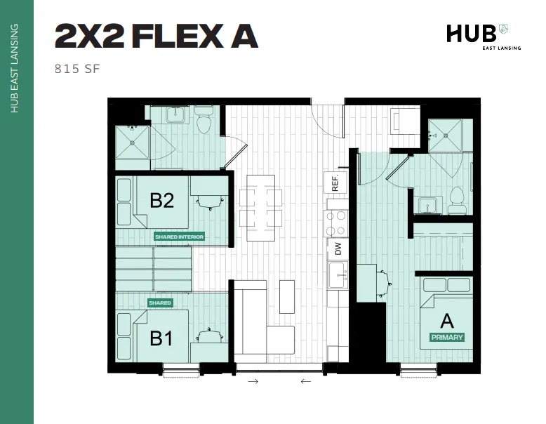 Modern 815 sq ft 2x2 Flex A floor plan at HUB East Lansing showcasing two bedrooms, spacious living area, and a functional kitchen.