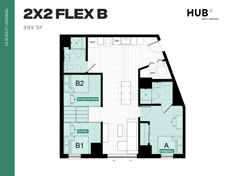 Modern 2D floor plan of a 989 sq ft apartment featuring 2 bedrooms, a stylish open-concept living area, and a contemporary kitchen.