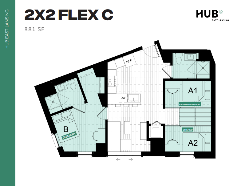 Modern 2X2 Flex C floor plan with 881 square feet, featuring a primary bedroom, two additional rooms, open-concept living area, and kitchen.