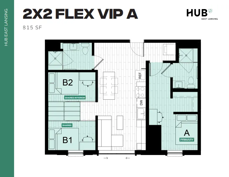 Modern 2x2 Flex VIP A floor plan with 815 sq ft, featuring two bedrooms, spacious living area, and a sleek kitchen layout in HUB East Lansing.