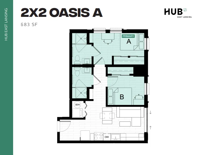 Contemporary floor plan for 2X2 Oasis A at Hub East Lansing, featuring two bedrooms, two bathrooms, an open kitchen and living area in 683 sq ft.