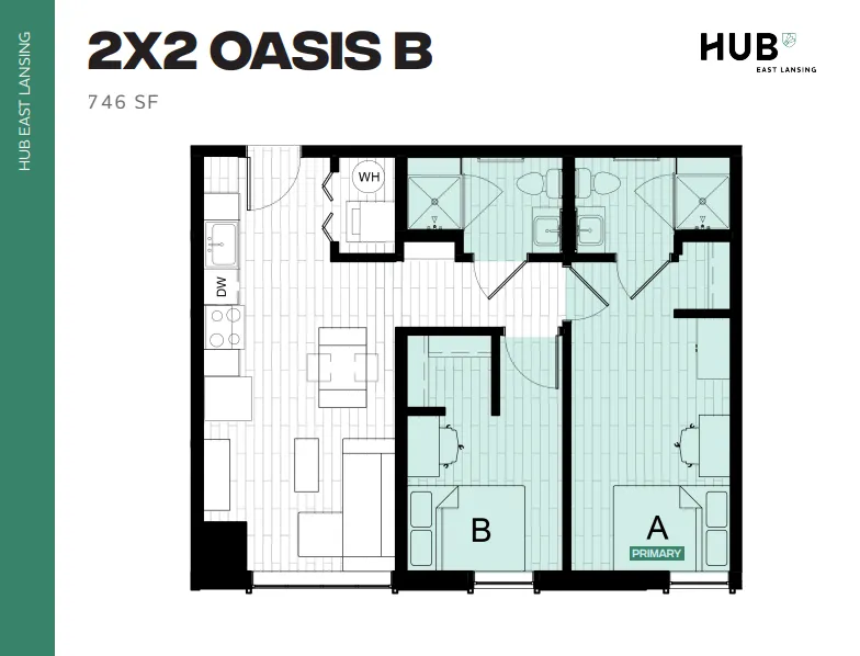 Modern 2D floor plan labeled '2x2 Oasis B' with 746 sq ft, featuring two bedrooms, two bathrooms, and an open-concept kitchen and living area at HUB East Lansing.