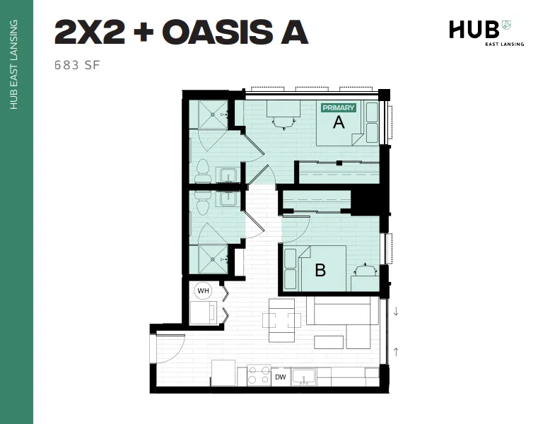 Modern 2-bedroom, 2-bathroom floor plan labeled 2X2 + Oasis A at HUB East Lansing, featuring an open living area and kitchen in 683 square feet.