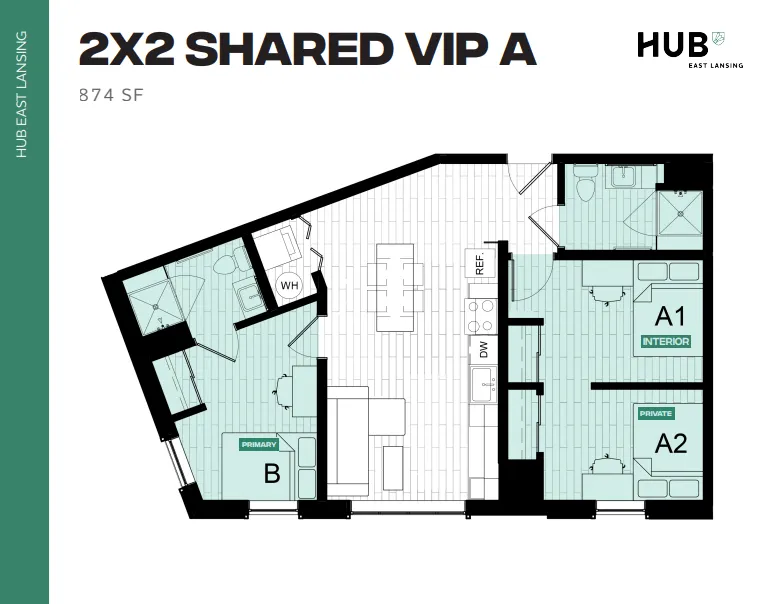 Contemporary floor plan of a 2x2 Shared VIP A unit in East Lansing, offering 874 sq ft of living space with two bedrooms, a modern kitchen, and a spacious living area.