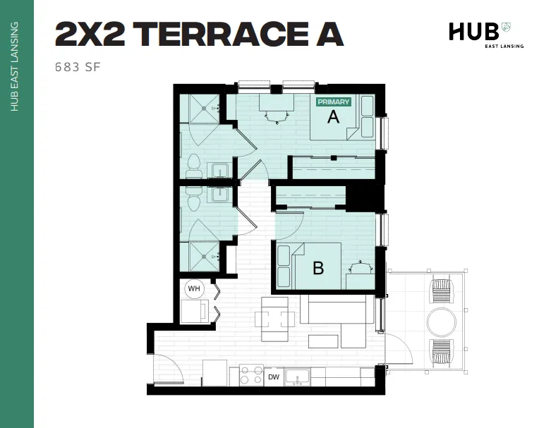 Modern 2X2 Terrace A floor plan showcasing two cozy bedrooms, stylish living area, and functional kitchen, offering 683 sq ft of comfortable living space at HUB East Lansing.