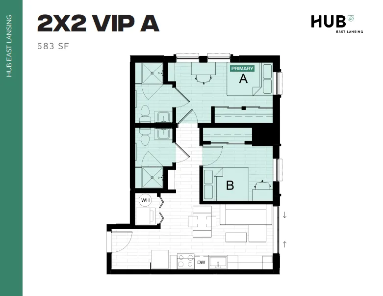 Modern 2x2 VIP A floor plan with 683 square feet, featuring two bedrooms, two bathrooms, and a cozy open-concept kitchen and living area at HUB East Lansing.