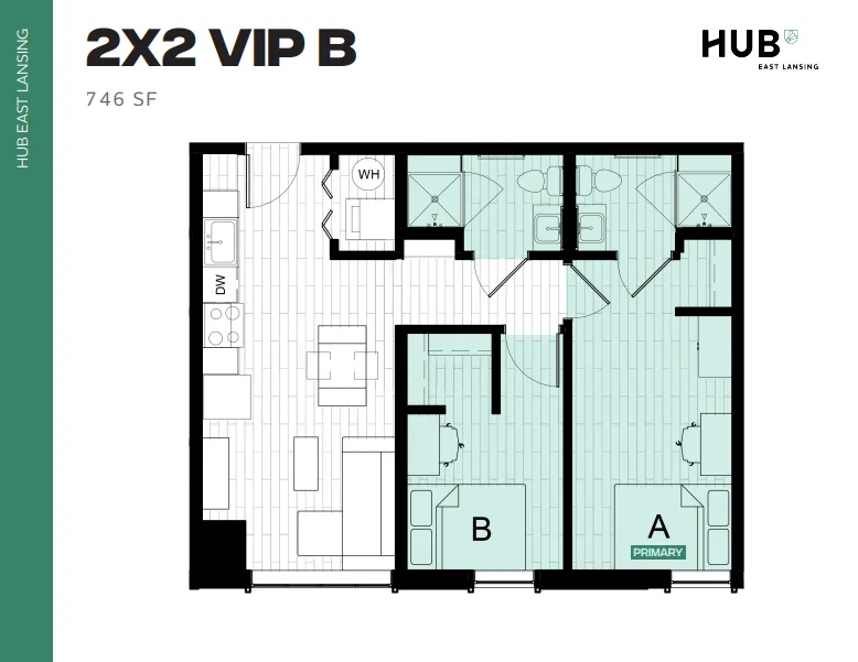 Modern 2X2 VIP B floor plan featuring stylish open-concept living space, two bedrooms with en-suite bathrooms, and a sleek kitchen, covering 746 sq ft at HUB East Lansing.