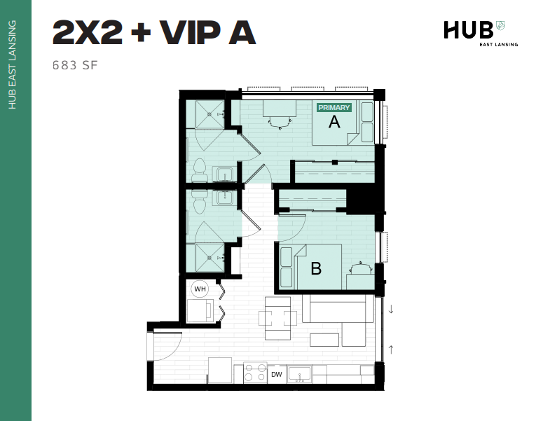 Modern 2x2 plus VIP A apartment floor plan at HUB East Lansing, featuring 683 sq ft with two bedrooms, two bathrooms, an open kitchen, and living area layout designed for convenience and style.