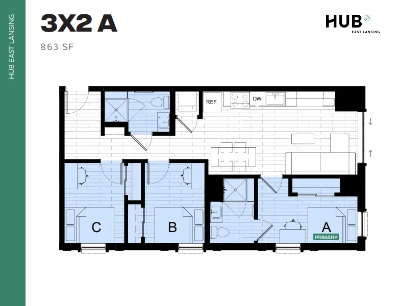 Contemporary 3-bedroom floor plan at Hub East Lansing, featuring a spacious open living area and modern kitchen, 863 sq ft.