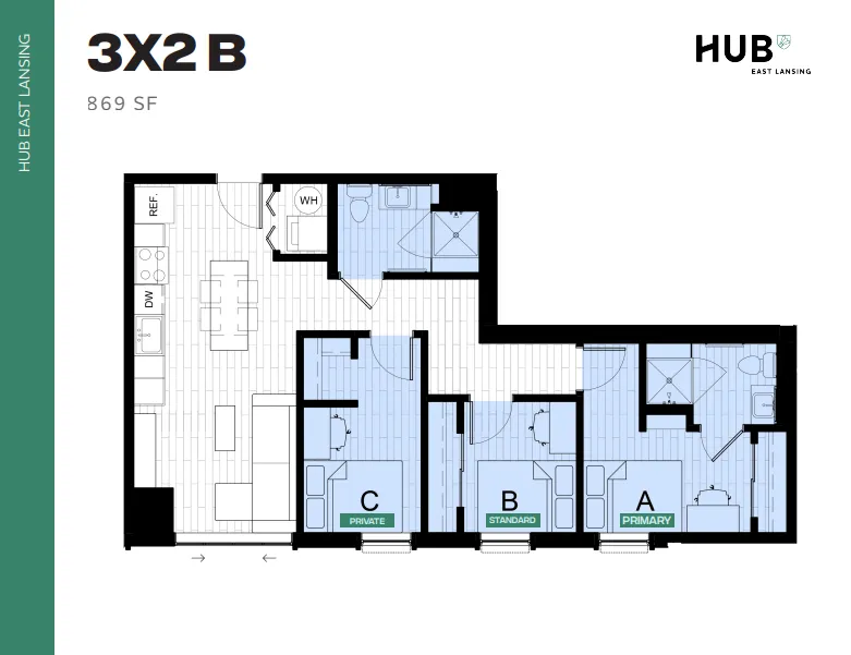 Modern 3x2B floor plan featuring 3 bedrooms, a spacious open kitchen, and 2 bathrooms in 869 sq ft at Hub East Lansing.
