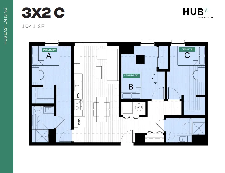Modern 3-bedroom floor plan at Hub East Lansing, featuring spacious open-concept living and dining area, ample natural light, and high-quality finishes. Total area of 1041 sq ft.