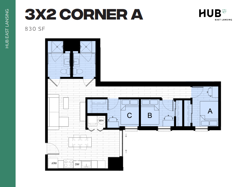 Modern floor plan for a 3x2 Corner A apartment, featuring three bedrooms, two bathrooms, a spacious living area, and an open kitchen layout, spanning 830 square feet at HUB East Lansing.